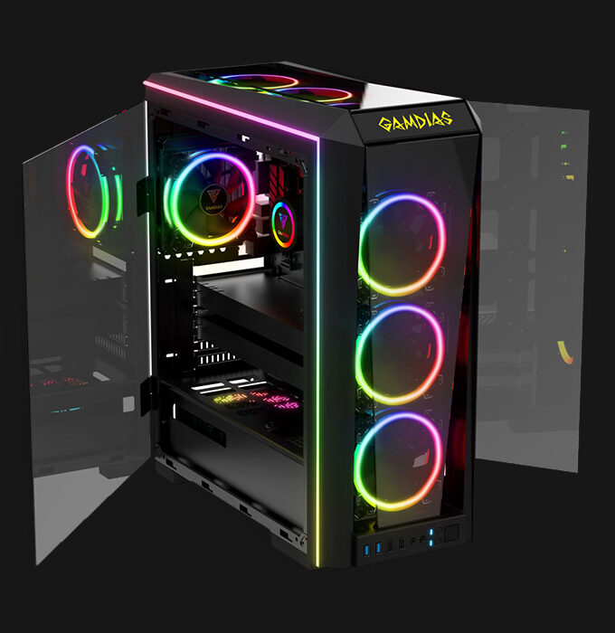 Gamdias Talos P1A Features: • 3 Built-in 120mm Rainbow Color ARGB Fans • Four LED strips with Rainbow color streaming lighting effects • Four Tempered glass panel showcases custom RGB lighting • Lighting Smart Device to simplify installation and manage use of RGB lighting • One-Touch to Easily Switch RGB Streaming Lighting Style, and LED off • Sync with Motherboard and Support GAMDIAS Product • System installation is made easy with the all-new cable management system • Tempered Glass Panels with Swing Door Design • Versatile IO Panel Mounting Position for Optimized Functionality • Vertical Radiator View Warranty: 7 Days Checking Warranty