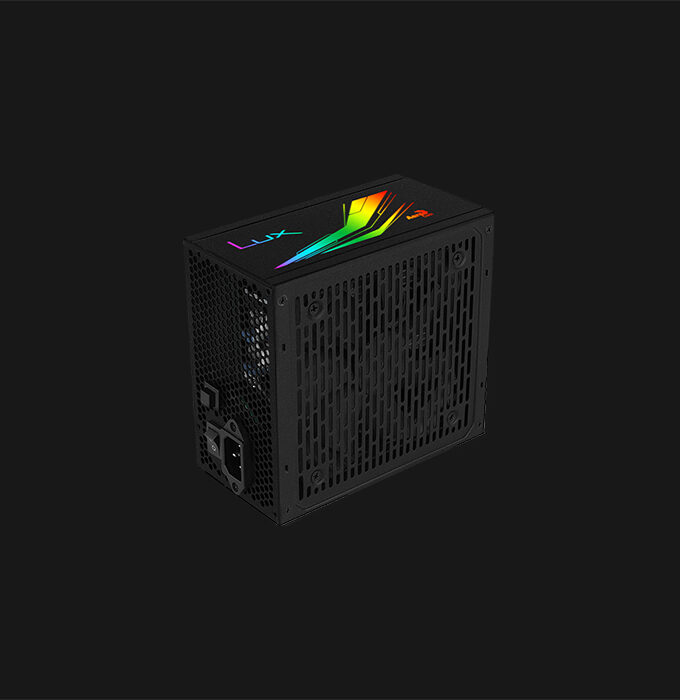 Semi-modular power supply featuring a stylish and elegant RGB LED design. Bring your system to life with 13 preset lighting effects that can be controlled via LED control button. Compatible with Addressable RGB motherboards using +5V Addressable RGB connector. Built with 30% increased ventilation area in the body of the PSU, the LUX RGB is designed for increased airflow and circulation. This power supply has a smart semi-modular design, allowing for easier cable management and installation. • 30% Increased ventilation area in the body of the PSU allows for increased airflow • 80Plus 230V EU Bronze Certified for up to 88%+ efficiency • Compatible with Addressable RGB using +5V Addressable RGB connector • Control up to 13 lighting effects via LED control button • OPP/OVP/UVP/SCP electrical protection included • Semi-modular design allows for easy cable management and installation • Silent 12cm black fan with optimized thermal fan speed control • Soft, black, flat cables allow for more convenient cable management