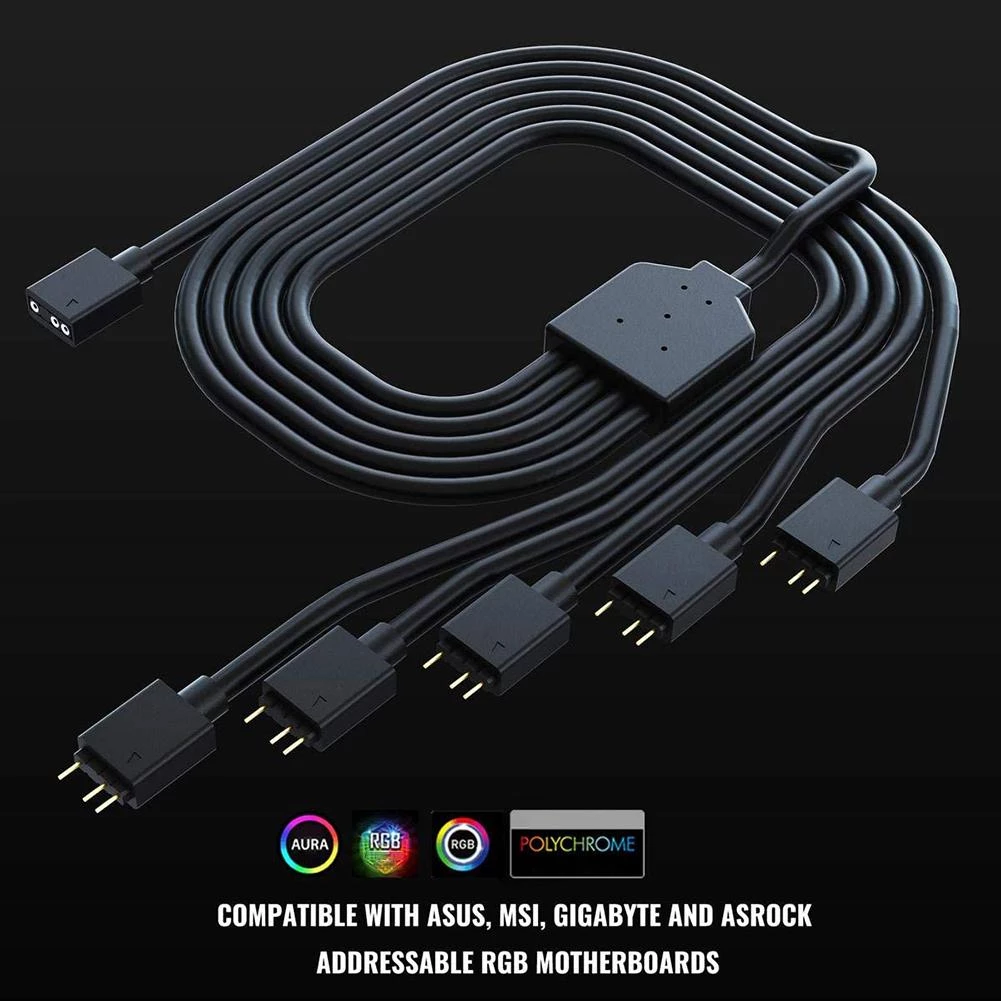 Gamdias Flexible Fan RGB Splitter Cable Addressable 3-Pin 5V ARGB 1 to 5 Cooler CPU Fan Connector Splitter Accessories